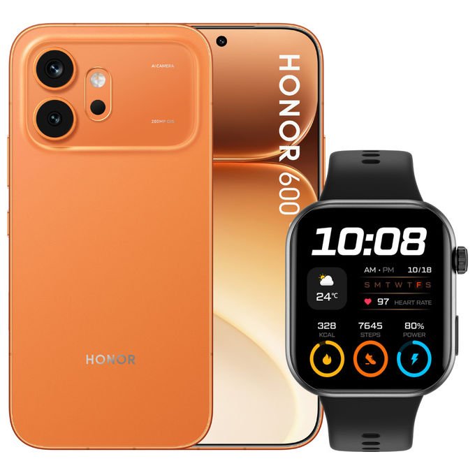 Honor 600 smartphone 5G, 6.57'' AMOLED 120Hz, 200 MP, 8 GB RAM, 512 GB, batteria 6400 mAh, IP68, arancione