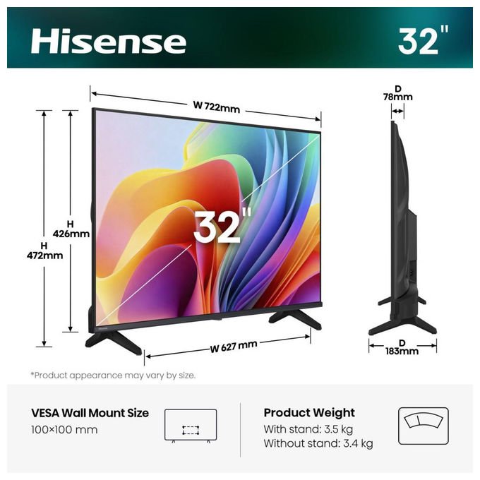 Hisense smart tv 32 pollici, 32A49S, HD 1366x768, VIDAA, Dolby Audio, Wi-Fi, HDMI, USB, Game Mode, controllo vocale