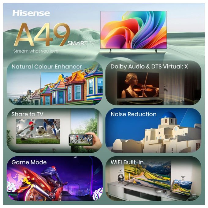Hisense smart tv 32 pollici, 32A49S, HD 1366x768, VIDAA, Dolby Audio, Wi-Fi, HDMI, USB, Game Mode, controllo vocale