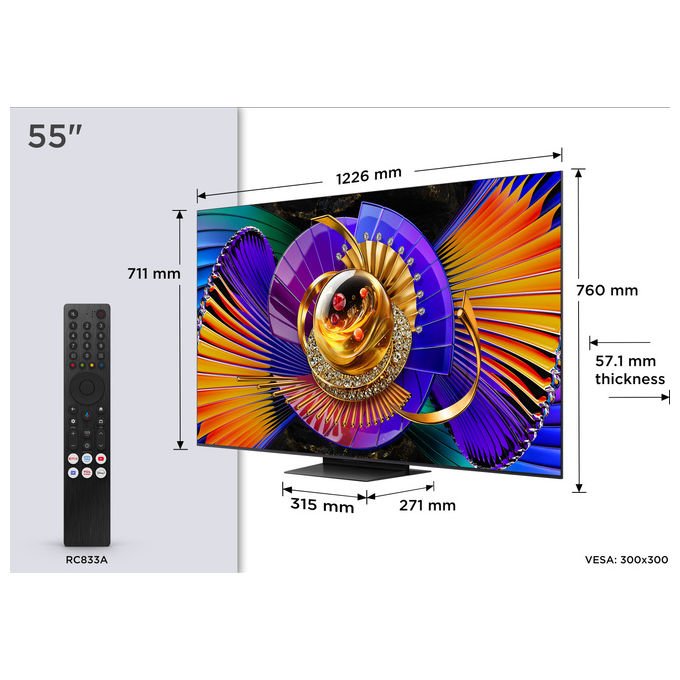 TCL 55C7L smart tv 55 pollici, SQD-Mini LED, 4K Ultra HD, Google TV, 144Hz, Dolby Vision, Audio Bang and Olufsen, nero