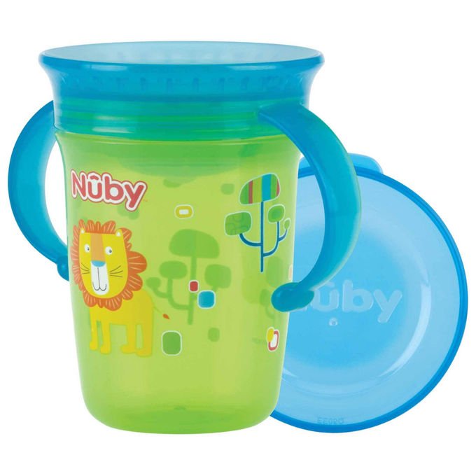 Nuby bicchiere Mini 360° per bambini, 210 ml, anello anti-sversamento in silicone, verde blu viola