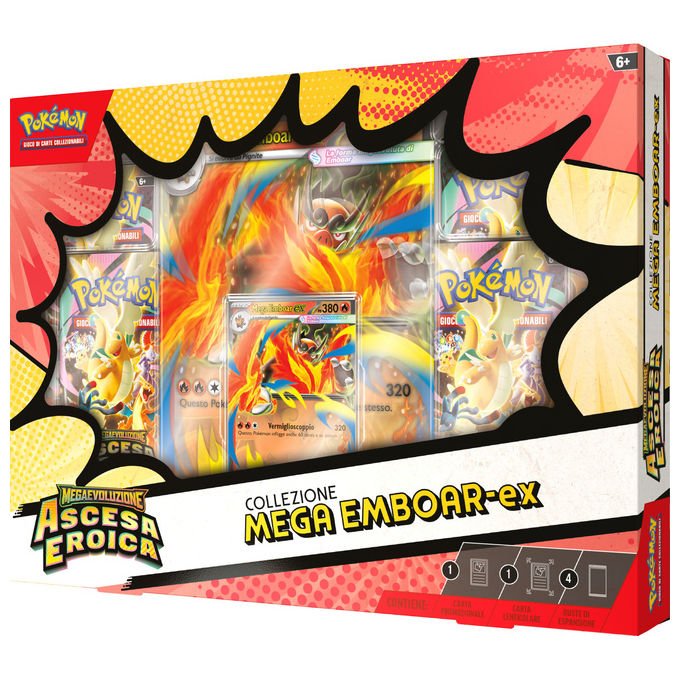 Pokémon collezione mega, Megaevoluzione ascesa eroica, Emboar-ex, Feraligatr-ex, Meganium-ex, carte promozionali olografiche, 4 buste espansione