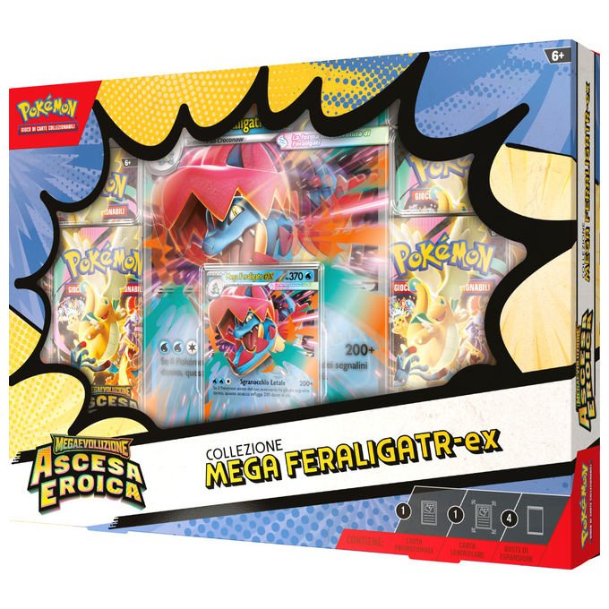 Pokémon collezione mega, Megaevoluzione ascesa eroica, Emboar-ex, Feraligatr-ex, Meganium-ex, carte promozionali olografiche, 4 buste espansione