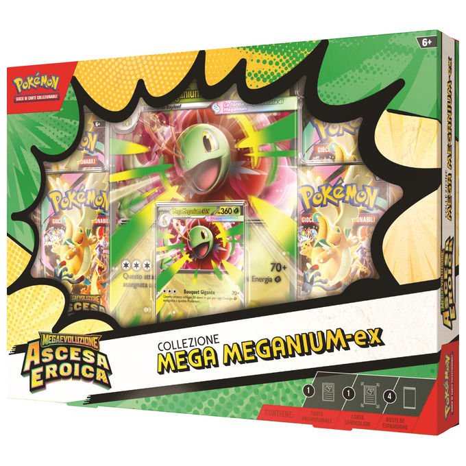 Pokémon collezione mega, Megaevoluzione ascesa eroica, Emboar-ex, Feraligatr-ex, Meganium-ex, carte promozionali olografiche, 4 buste espansione
