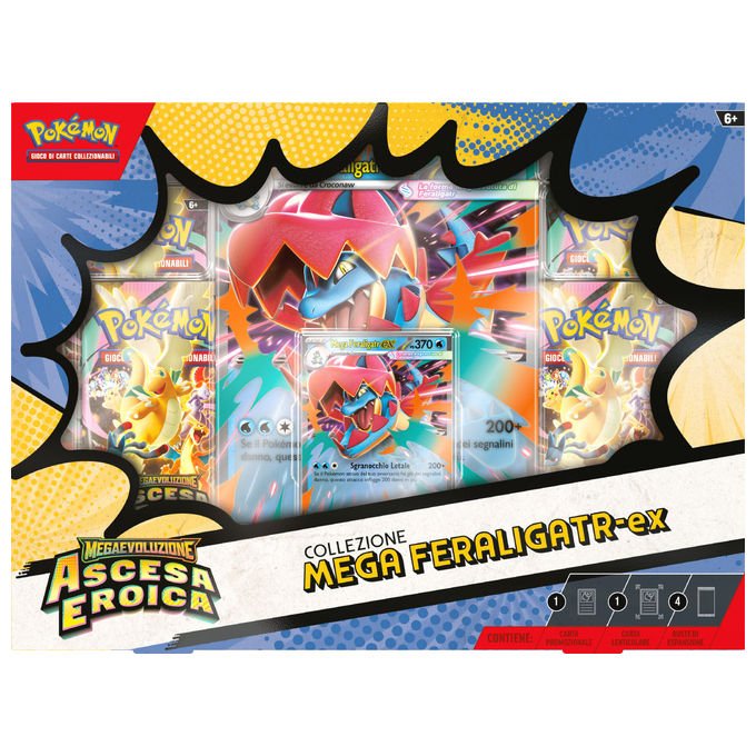 Pokémon collezione mega, Megaevoluzione ascesa eroica, Emboar-ex, Feraligatr-ex, Meganium-ex, carte promozionali olografiche, 4 buste espansione