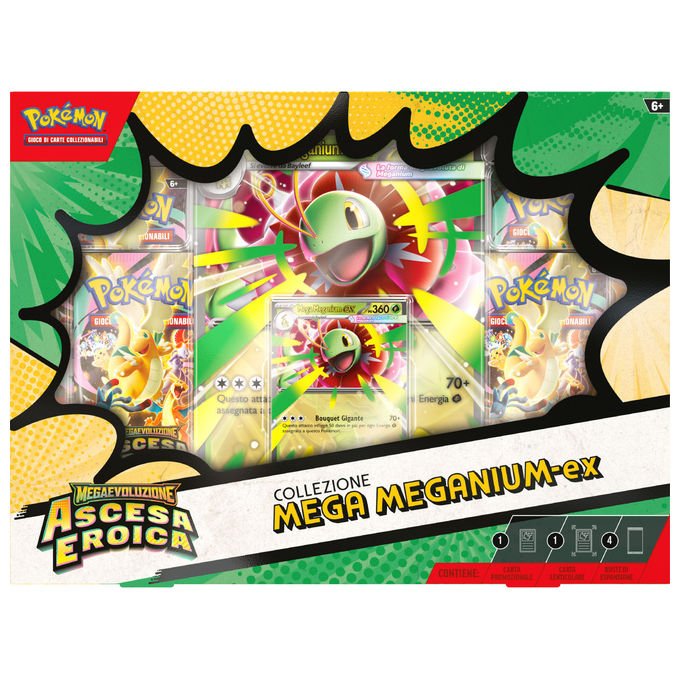 Pokémon collezione mega, Megaevoluzione ascesa eroica, Emboar-ex, Feraligatr-ex, Meganium-ex, carte promozionali olografiche, 4 buste espansione