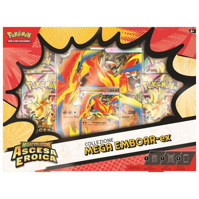 Pokémon collezione mega, Megaevoluzione ascesa eroica, Emboar-ex, Feraligatr-ex, Meganium-ex, carte promozionali olografiche, 4 buste espansione