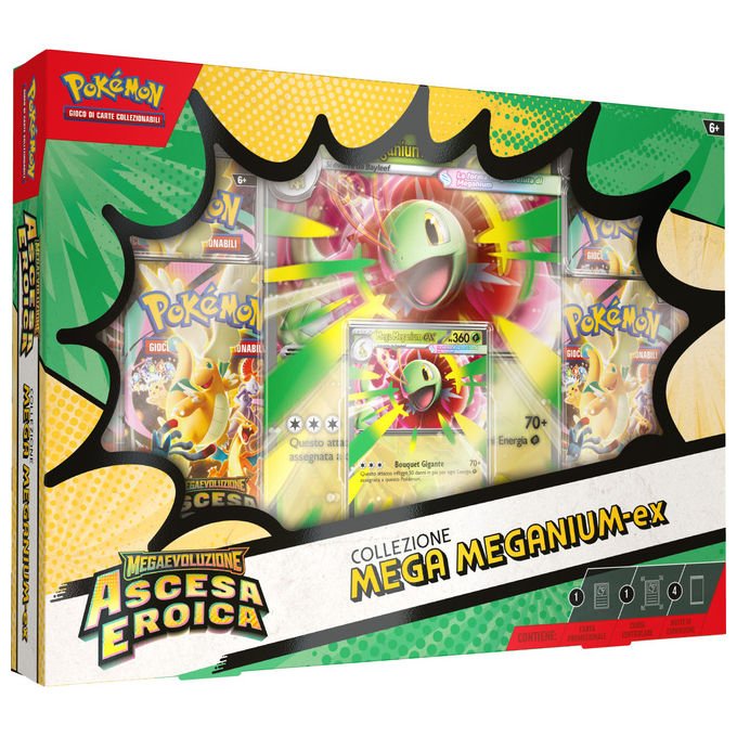 Pokémon collezione mega, Megaevoluzione ascesa eroica, Emboar-ex, Feraligatr-ex, Meganium-ex, carte promozionali olografiche, 4 buste espansione