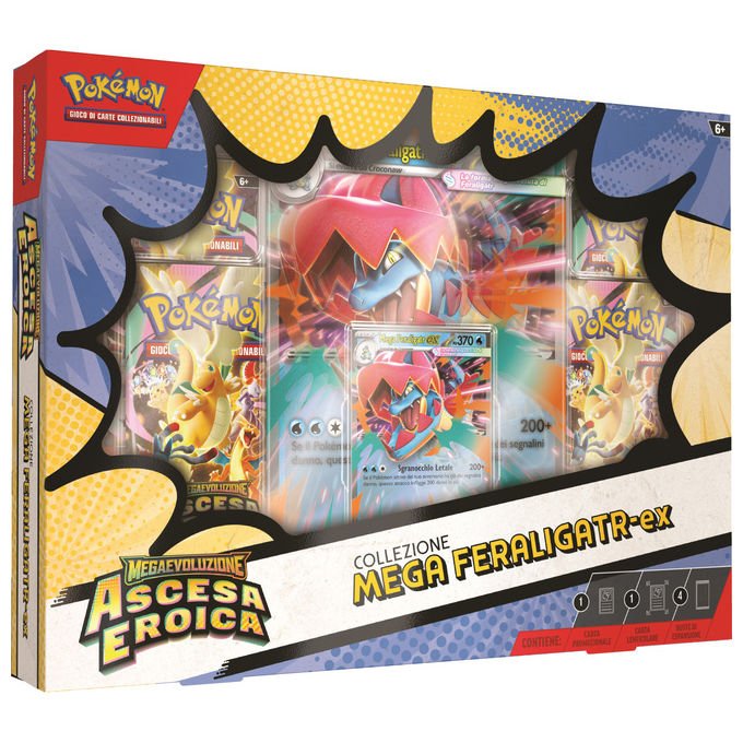 Pokémon collezione mega, Megaevoluzione ascesa eroica, Emboar-ex, Feraligatr-ex, Meganium-ex, carte promozionali olografiche, 4 buste espansione