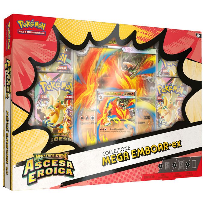 Pokémon collezione mega, Megaevoluzione ascesa eroica, Emboar-ex, Feraligatr-ex, Meganium-ex, carte promozionali olografiche, 4 buste espansione