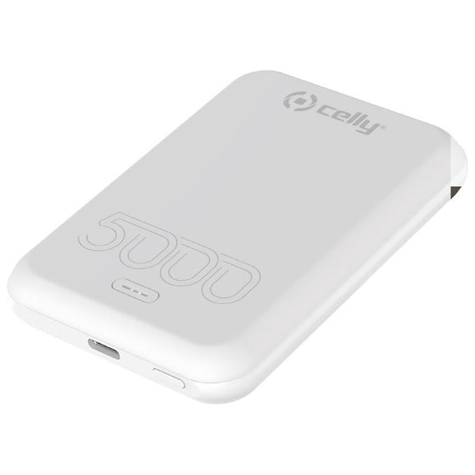 Celly power bank wireless MagSafe, 5000 mAh, ricarica 15W, USB-C 20W, indicatori LED, bianco