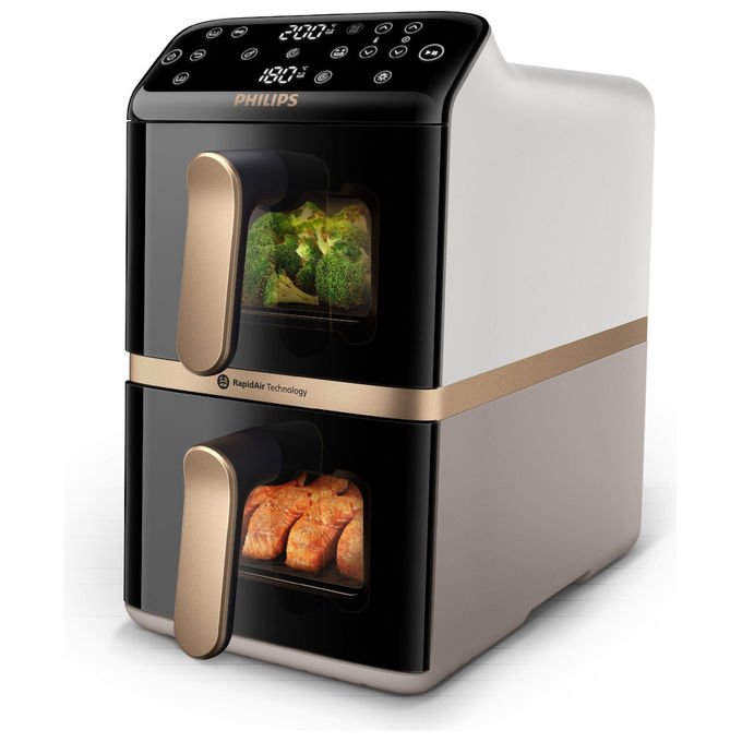Philips airfryer serie 4000 doppio cestello verticale, 10 l, 2750 w, 13 modalita', rivestimento ceramica, touch, Bianco