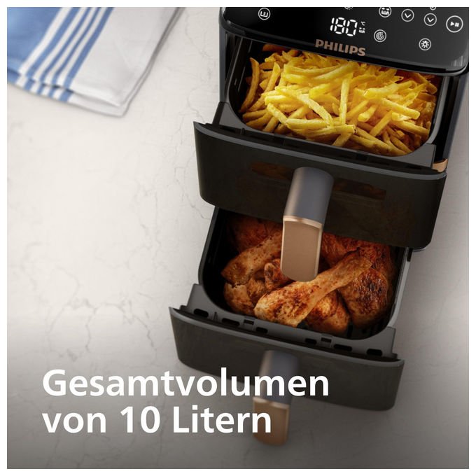 Philips airfryer serie 4000 doppio cestello verticale, 10 l, 2750 w, 13 modalita', rivestimento ceramica, touch, Bianco