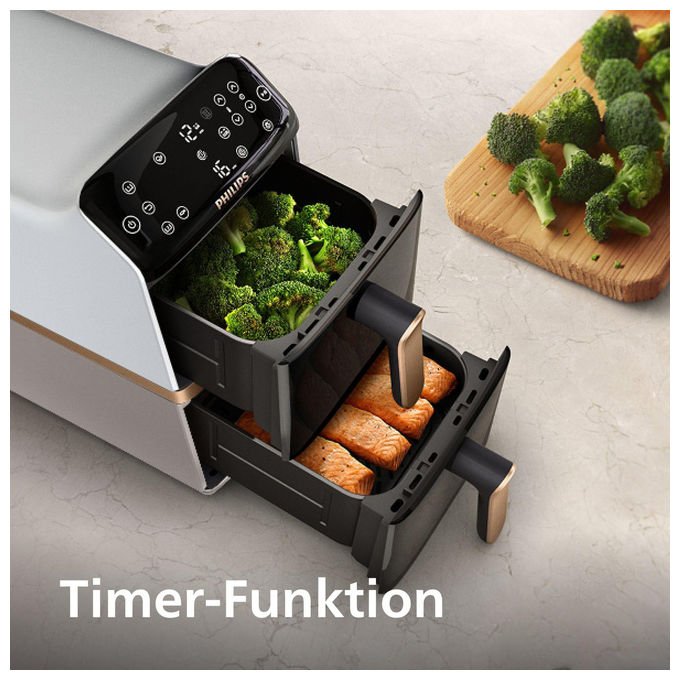 Philips airfryer serie 4000 doppio cestello verticale, 10 l, 2750 w, 13 modalita', rivestimento ceramica, touch, Bianco