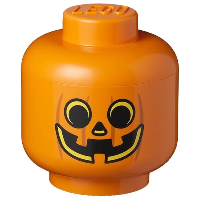 Lego contenitore porta oggetti testa minifigure Halloween, design zucca, misura small, 2 L, arancione, impilabile