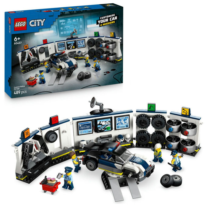 Lego city officina delle auto della polizia 60457, 489 pezzi, 4 minifigure, garage modulare, eta' 6+