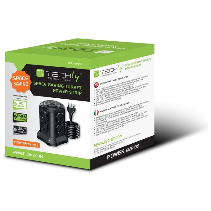 Techly IUPS-PCP-TOWER02 Multipresa a Torretta Salvaspazio 8 Posti Italiana Schuko 2 USB-A 2 USB-C 4000W 16A colore Nero