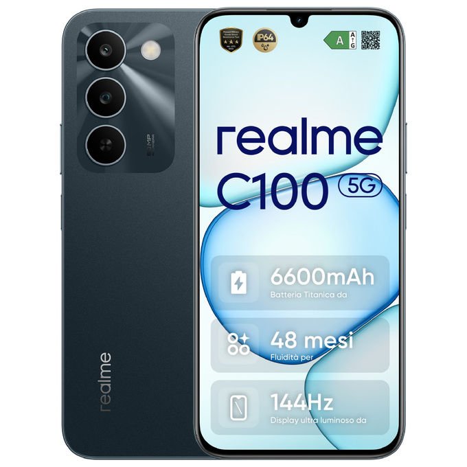 Realme C100 5G Smartphone 6.8'' LCD 4 GB RAM 256 GB MediaTek Dimensity 6300 50 MP 5G 6600 mAh IP64 colore Verde