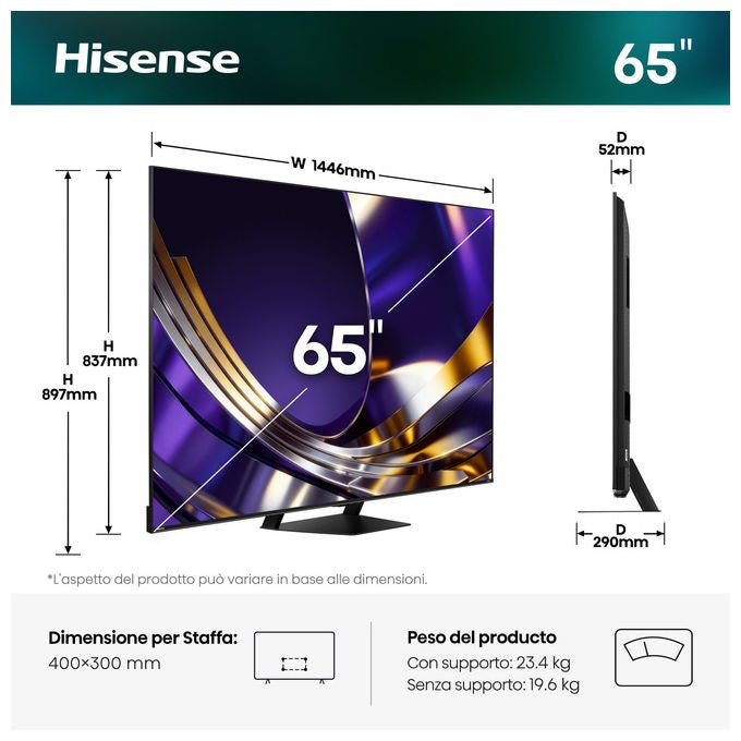 Hisense 65U7S PRO Smart TV Mini LED 65'' 4K UHD 165Hz Dolby Vision Dolby Atmos VIDAA OS colore Grigio Nero