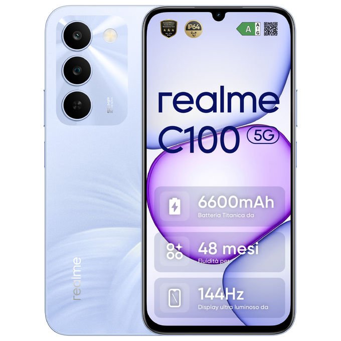 Realme C100 5G Smartphone 6.8'' MediaTek Dimensity 6300 4 GB RAM 128 GB 5G Dual SIM Fotocamera 50 MP Batteria 6600 mAh colore Viola