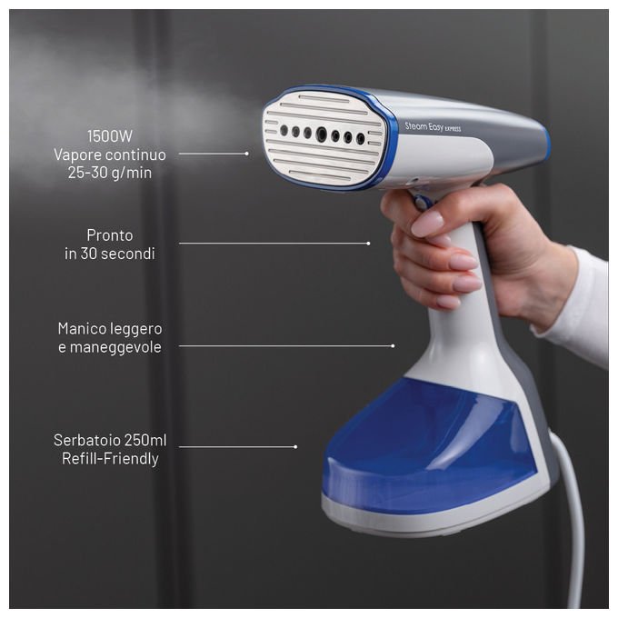 Imetec 9057 Steam Easy Express Stiratore Verticale Portatile 1500 W Vapore Continuo 30 g-min Serbatoio 250 ml colore Bianco Grigio Blu