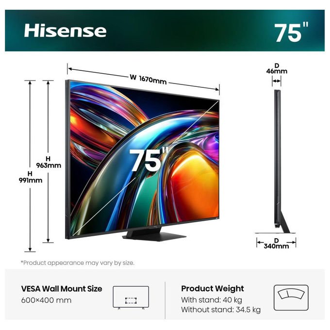 Hisense 75UR9S Smart TV RGB MiniLED 75'' 4K 180Hz Dolby Atmos 4.1.2 VIDAA Wi-Fi 6E colore Grigio