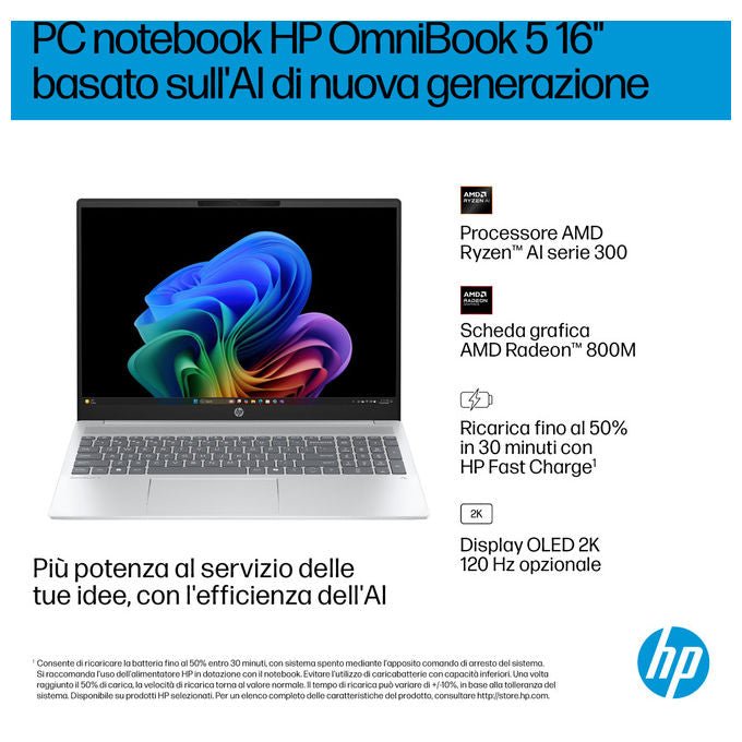 HP D70E7EA OmniBook 5 Laptop 16'' 2K AMD Ryzen AI 5 330 16 GB RAM 512 GB SSD NVMe Wi-Fi 6 Windows 11 Home colore Argento
