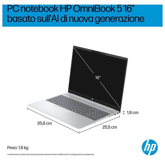 HP D70E7EA OmniBook 5 Laptop 16'' 2K AMD Ryzen AI 5 330 16 GB RAM 512 GB SSD NVMe Wi-Fi 6 Windows 11 Home colore Argento