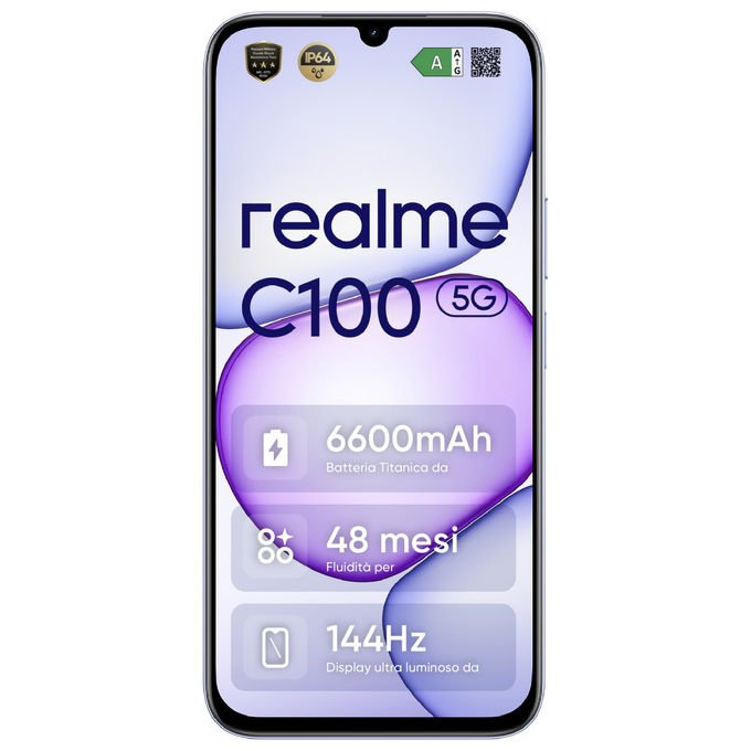 Realme C100 5G Smartphone Dual SIM 6.8'' LCD 144Hz MediaTek Dimensity 6300 4GB 256GB 50MP 6600mAh IP64 colore Viola