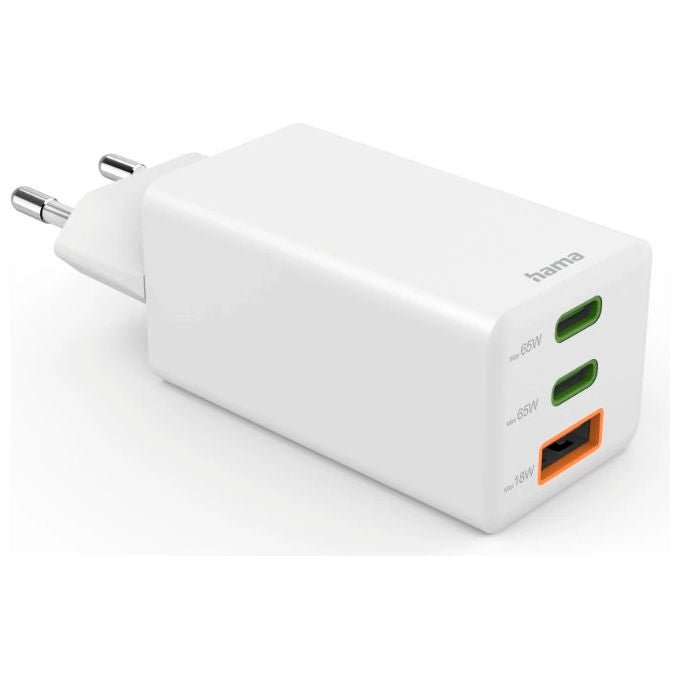 Hama 00201996 Caricatore USB Rapido GaN 3 Porte 2x USB-C PD 1x USB-A QC 3.0 65W colore Bianco