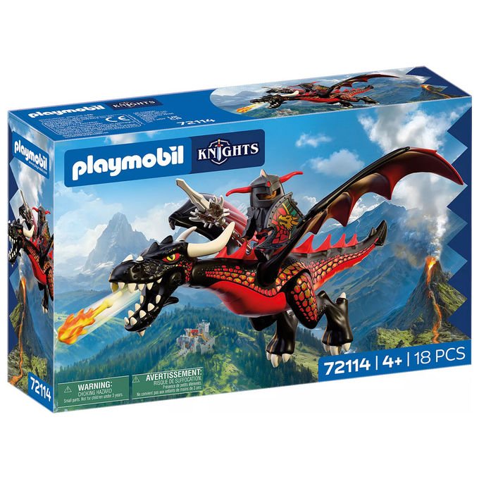 Playmobil 72114 Knights Playset Drago Nero di Fuoco con Cavaliere e Funzione di Lancio 18 pezzi colore Nero