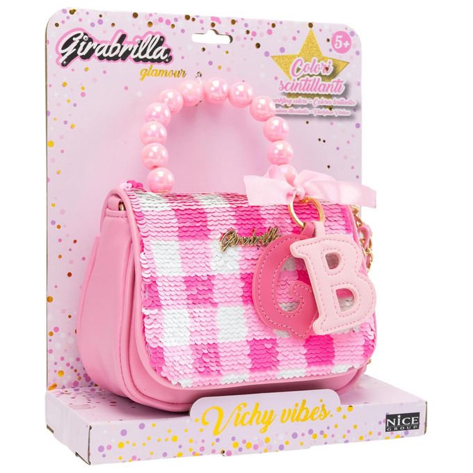 Girabrilla 19154 Vichy Vibes Borsetta per Bambine Paillettes Reversibili Maniglia con Perle Tracolla e Charms colore Fucsia