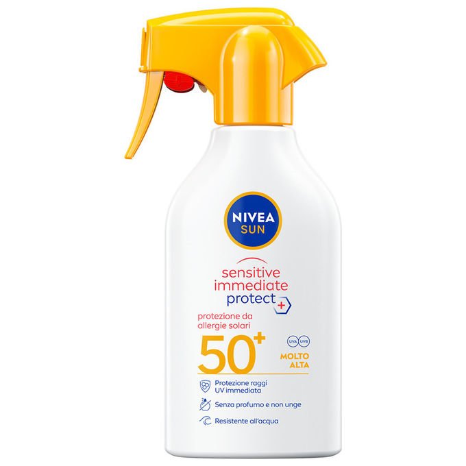 Nivea Sun Sensitive Immediate Protect Spray Solare SPF 50+ Pelle Sensibile Aloe Vera Senza Profumo Waterproof 250 ml