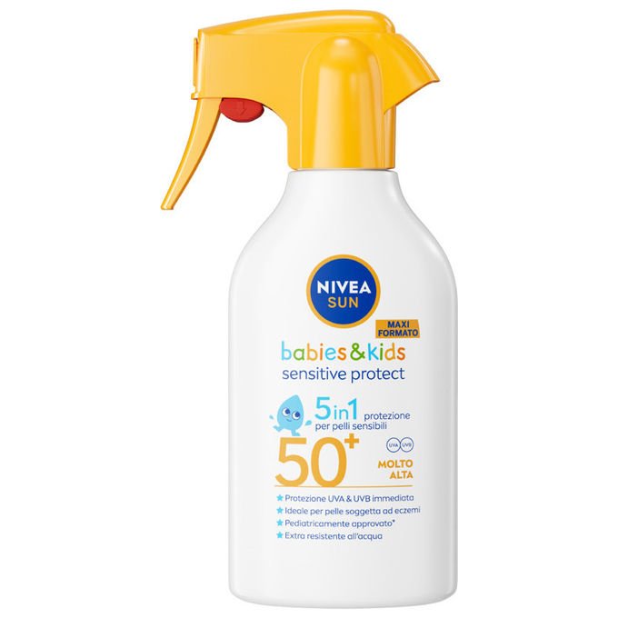 Nivea Sun Kids Sensitive Protect Play Spray Solare FP50+ 250 ml Bambini dai 6 Mesi Pelle Sensibile Resistente all'Acqua