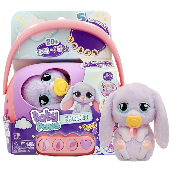 BABY PAWS 23492T06 Just Born Coniglietto Interattivo con Trasportino Elettronico oltre 20 Suoni Eta' 3+