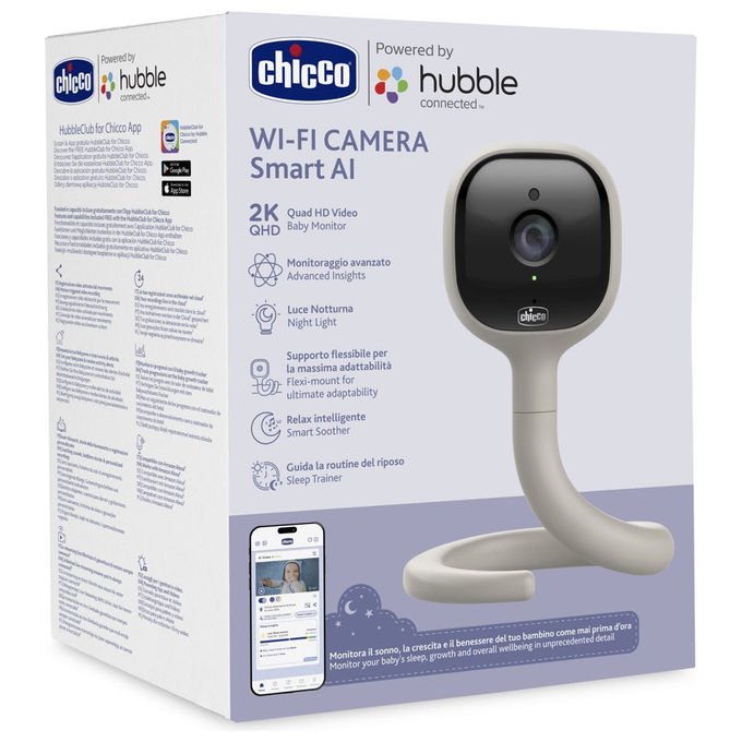 Chicco Video Baby Monitor Wi-Fi Smart AI 2K UHD Visione Notturna Infrarossi Smart Soother Luce Multicolore App HubbleClub