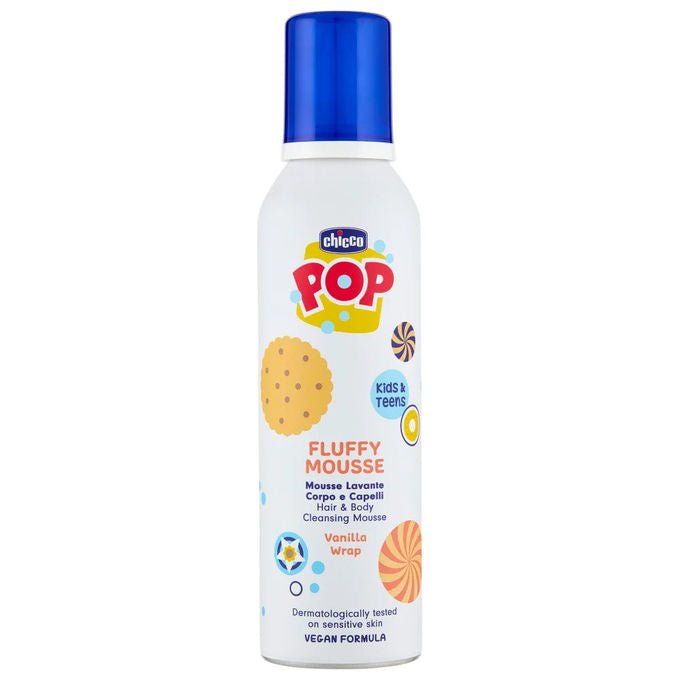 Chicco POP Mousse Lavante Corpo e Capelli Vanilla Wrap 200 ml Formula Vegana Senza Lacrime Kids e Teens