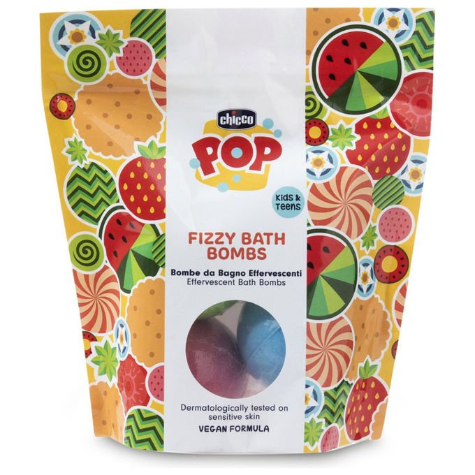 Chicco POP Fizzy Bombe da Bagno Effervescenti Set 3 Pezzi Formula Vegana Pelli Sensibili Vaniglia Fragola Anguria