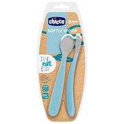 Chicco Set 2 Cucchiai Svezzamento in Silicone Morbido 6m+ Punta Flessibile Salva-Gengive Manico Ergonomico 0% BPA colore Blu