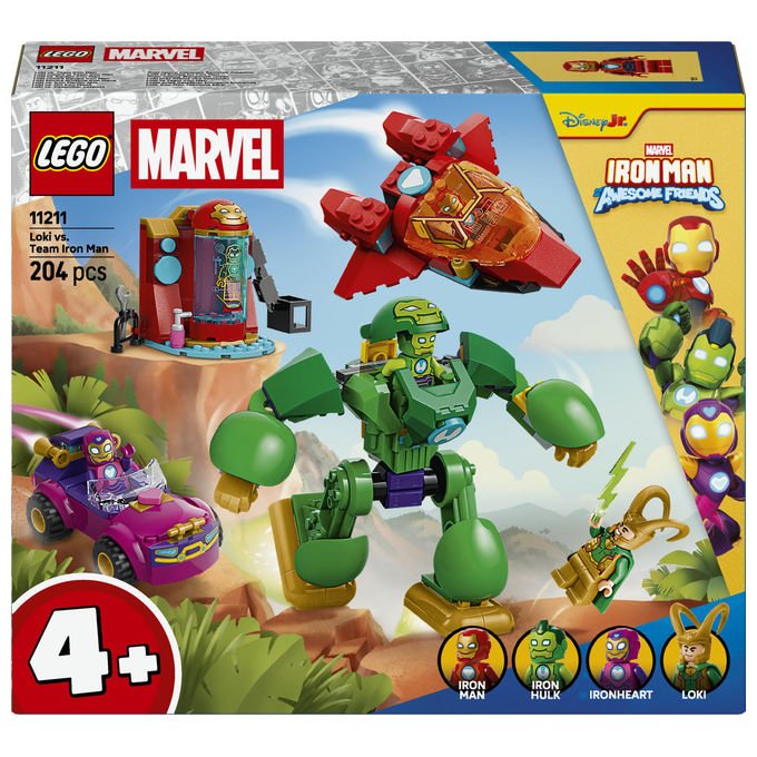 Lego 11211 Marvel Loki vs Team Iron Man Set da Costruzione 204 Pezzi 4 Minifigure con Mech Jet e Auto per Bambini 4+
