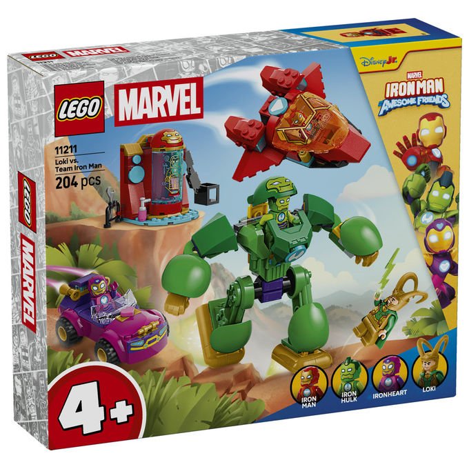 Lego 11211 Marvel Loki vs Team Iron Man Set da Costruzione 204 Pezzi 4 Minifigure con Mech Jet e Auto per Bambini 4+