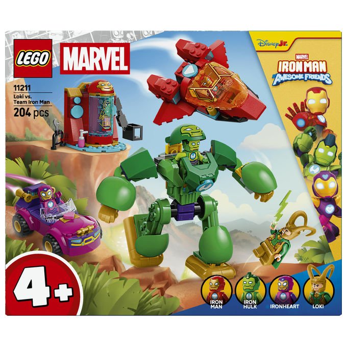 Lego 11211 Marvel Loki vs Team Iron Man Set da Costruzione 204 Pezzi 4 Minifigure con Mech Jet e Auto per Bambini 4+