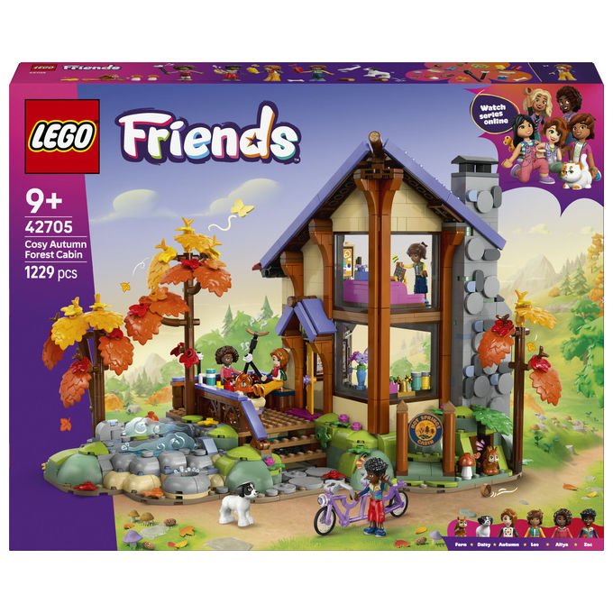 Lego 42705 Friends Set da Costruzione Baita nella Foresta Autunnale 1229 pezzi 4 Minidoll 2 Animali da 9 anni