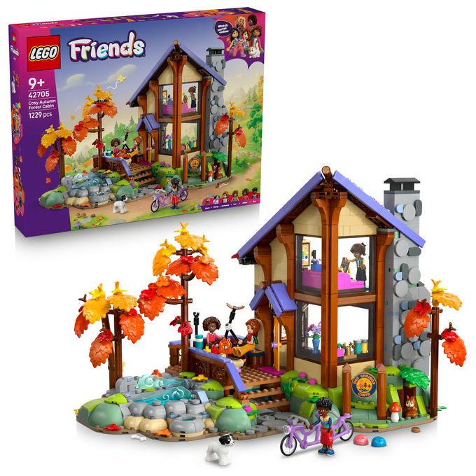 Lego 42705 Friends Set da Costruzione Baita nella Foresta Autunnale 1229 pezzi 4 Minidoll 2 Animali da 9 anni