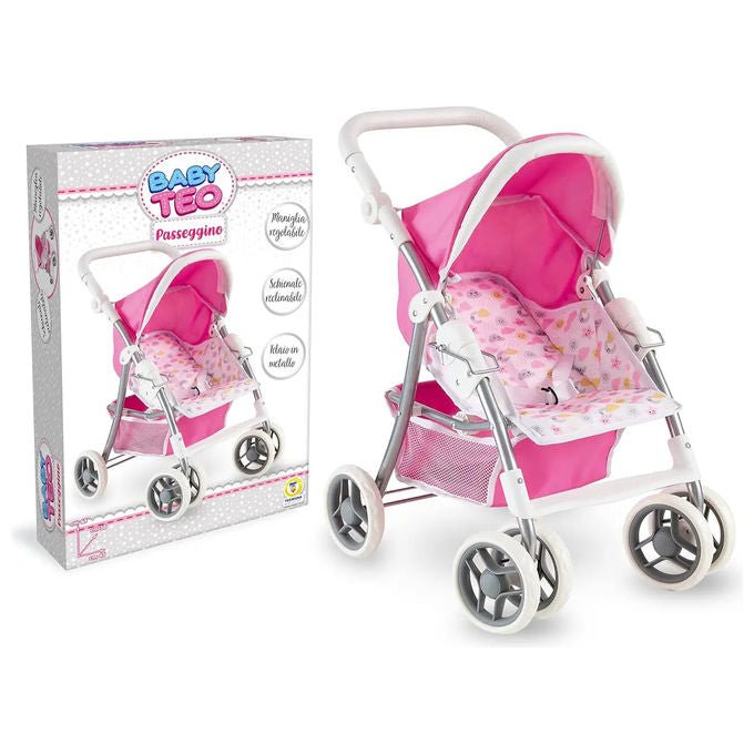 Teorema Giocattoli 74336 Baby Teo Passeggino per Bambole Struttura in Metallo Schienale Regolabile Cesto Portaoggetti colore Rosa