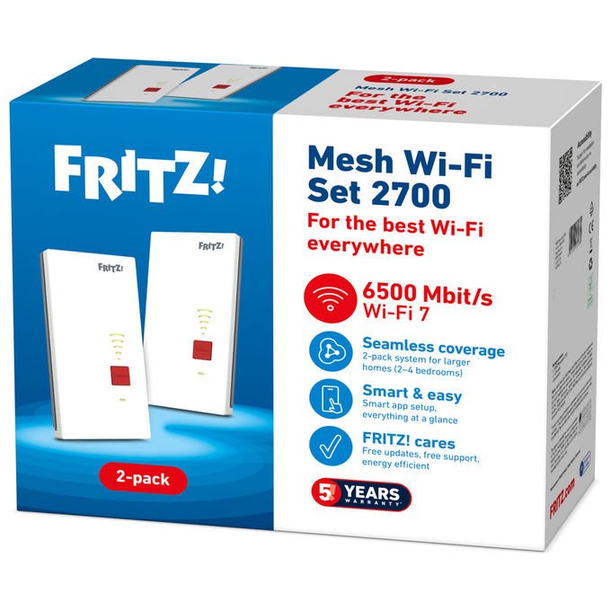 Fritz! 20003138 Mesh Set 2700 Ripetitore di rete Wi-Fi 7 Dual-band 2.4 5 GHz 6448 Mbit-s 2.5 Gigabit Ethernet colore Bianco