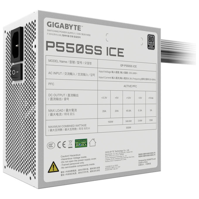 Gigabyte GP-P550SS ICE EU Alimentatore ATX 550W 80 PLUS Silver PCIe 5.0 ATX 3.1 Ventola 120 mm Non modulare colore Bianco