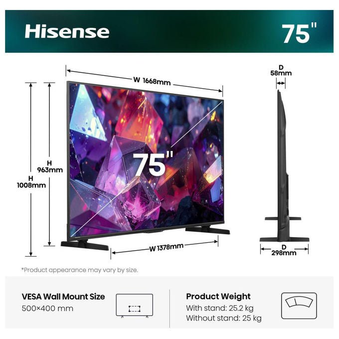Hisense 75E79S PRO Smart TV QLED 4K Ultra HD 75'' 144Hz Dolby Vision VIDAA Wi-Fi colore Nero