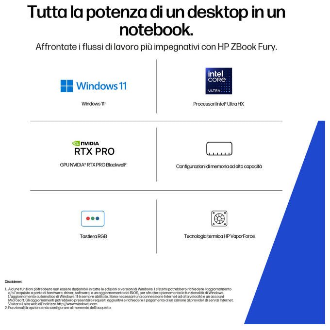 HP 98L57ET ZBook Fury G1i Workstation Mobile 16 pollici Intel Core Ultra 9 285HX 64GB DDR5 2TB SSD NVIDIA RTX PRO 4000 Wien 11 pro colore Argento