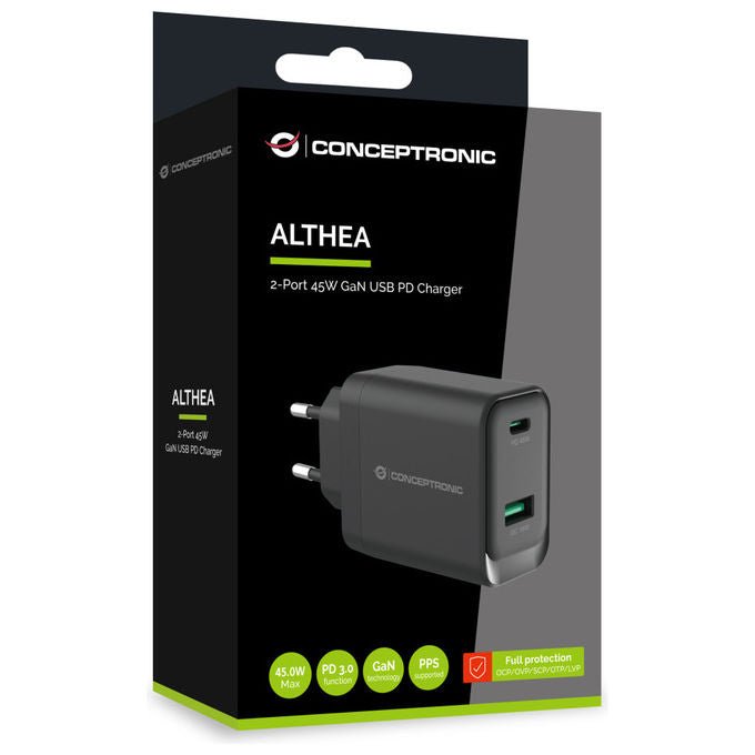 Conceptronic ALTHEA20B45 Caricatore USB GaN 45W 2 Porte USB-C USB-A Power Delivery 3.0 PPS Quick Charge 3.0 colore Nero